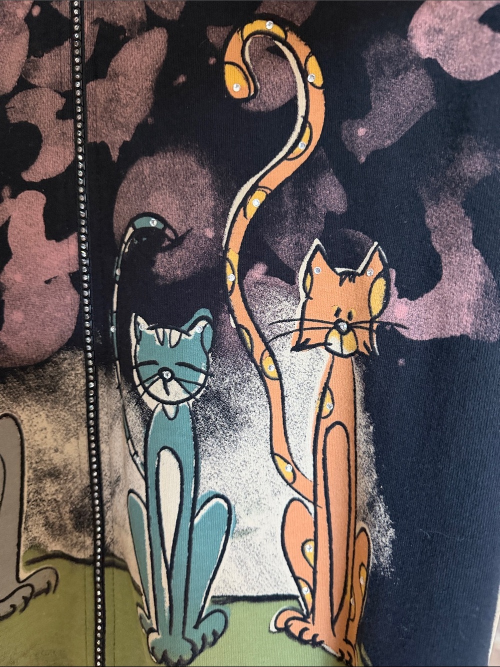 Jess & Jane Black 'Meow' Cats Print Zip Jacket with rhinestones design